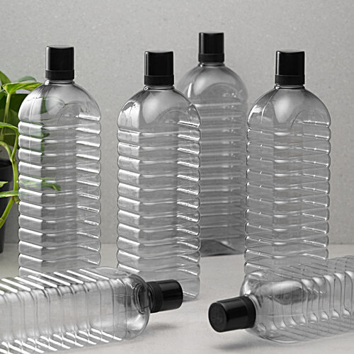 bb home Leo Plastic PET Water Bottle - Break Resistant, Leak Proof, Narrow Mouth, Black, 1 L (Pack of 6) 