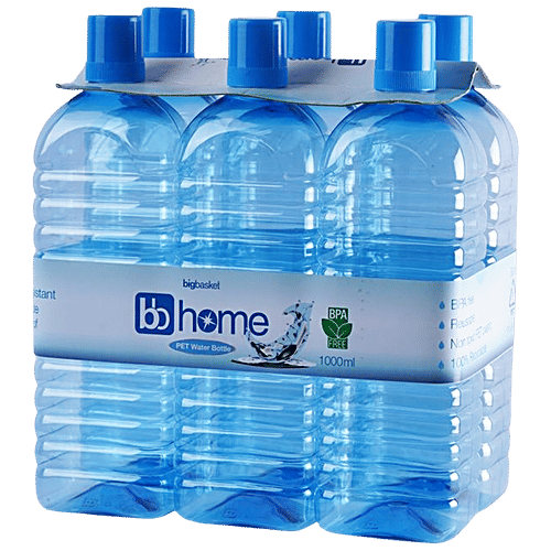 bb home Leo Plastic PET Water Bottle - Break Resistant, Leak Proof, Narrow Mouth, Blue, 1 L (Pack of 6) 