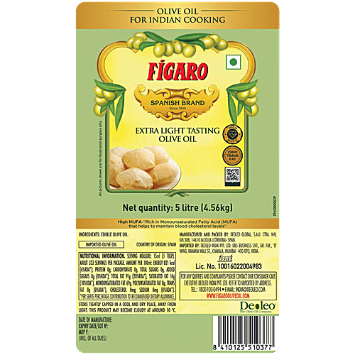 Figaro Extra Light Tasting Olive Oil - Ideal For Indian Cooking, Suitable For Deep Frying, 5 L  