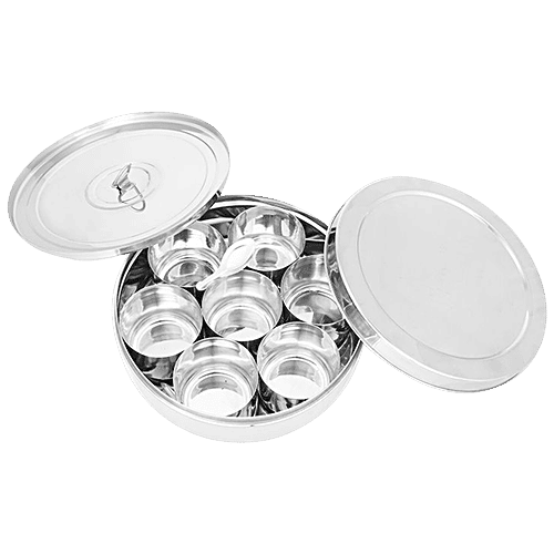 Omega Stainless Steel Plain Masala Dabba/Spice Box - 12', With Inner Steel Plate, 2 L  