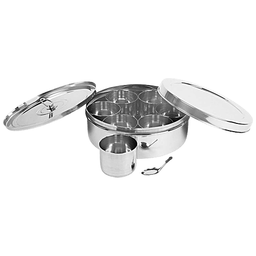 Omega Stainless Steel Plain Masala Dabba/Spice Box - 12', With Inner Steel Plate, 2 L  