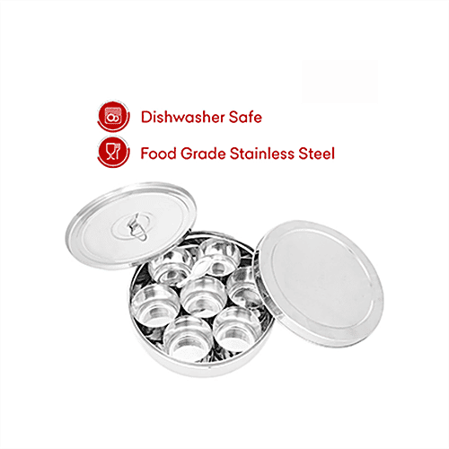 Omega Stainless Steel Plain Masala Dabba/Spice Box - 12', With Inner Steel Plate, 2 L  