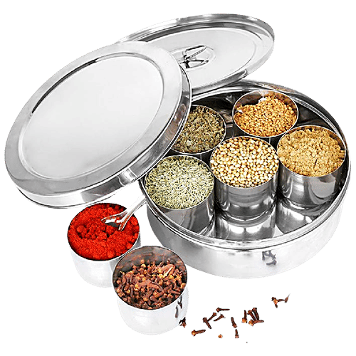 Omega Stainless Steel Plain Masala Dabba/Spice Box - 12', With Inner Steel Plate, 2 L  