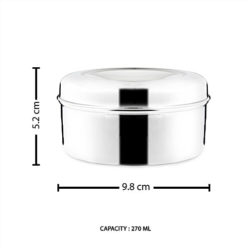 Omega Stainless Steel Round Puri Dabba/Container - No.6, Rust Proof, Durable, Silver, 200 ml  