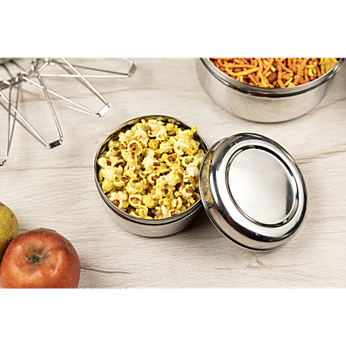 Omega Stainless Steel Round Puri Dabba/Container - No.7, Rust Proof, Durable, Silver, 400 ml  