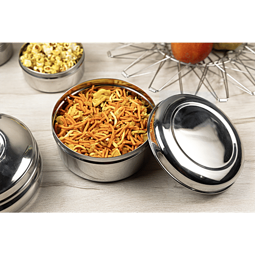 Omega Stainless Steel Round Puri Dabba/Container - No.8, Rust Proof, Durable, Silver, 600 ml  
