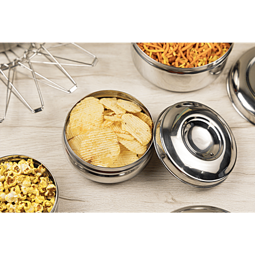 Omega Stainless Steel Round Belly Shape Puri Dabba/Container - No.6, Rust Proof, Durable, Silver, 200 ml  