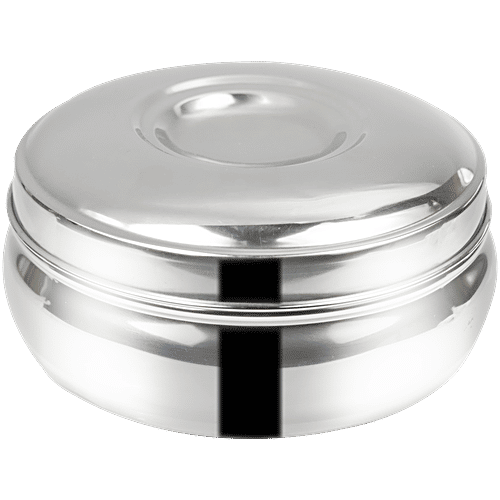 Omega Stainless Steel Round Belly Shape Puri Dabba/Container - No.6, Rust Proof, Durable, Silver, 200 ml  
