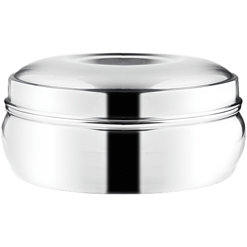 Omega Stainless Steel Round Belly Shape Puri Dabba - No.7, Rust Proof, Durable, Silver, 400 ml  