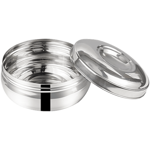 Omega Stainless Steel Round Belly Shape Puri Dabba - No.7, Rust Proof, Durable, Silver, 400 ml  