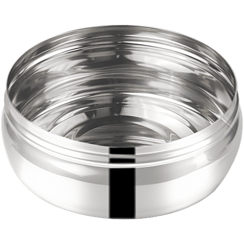 Omega Stainless Steel Round Belly Shape Puri Dabba - No.7, Rust Proof, Durable, Silver, 400 ml  
