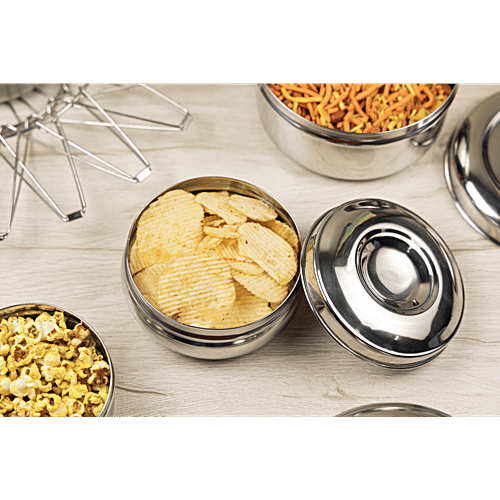 Omega Stainless Steel Round Belly Shape Puri Dabba - No.7, Rust Proof, Durable, Silver, 400 ml  