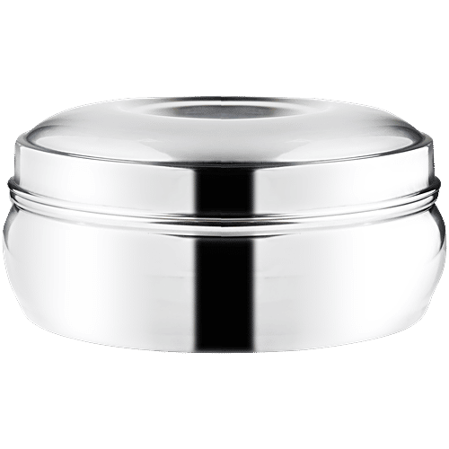 Omega Stainless Steel Round Belly Shape Puri Dabba - No.8, Rust Proof, Durable, Silver, 600 ml