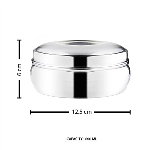 Omega Stainless Steel Round Belly Shape Puri Dabba - No.8, Rust Proof, Durable, Silver, 600 ml