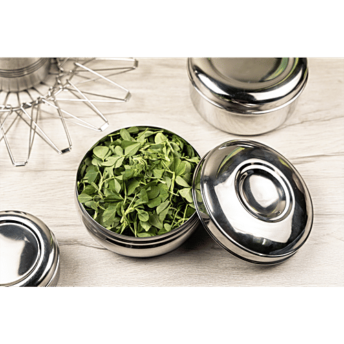 Omega Stainless Steel Round Belly Shape Puri Dabba - No.8, Rust Proof, Durable, Silver, 600 ml