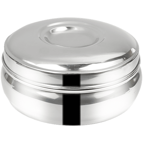 Omega Stainless Steel Round Belly Shape Puri Dabba - No.8, Rust Proof, Durable, Silver, 600 ml