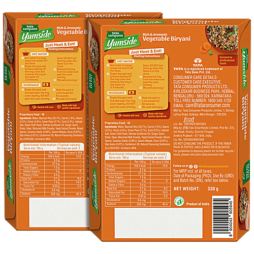 Tata Sampann Yumside Vegetable Biryani - Rich & Aromatic, Ready To Eat, No Preservatives, 330 g (Pack of 2) 