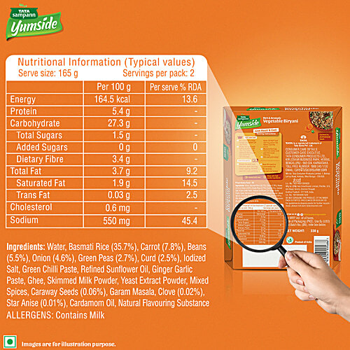 Tata Sampann Yumside Vegetable Biryani - Rich & Aromatic, Ready To Eat, No Preservatives, 330 g (Pack of 2) 