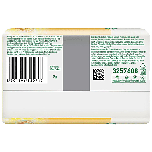 Dettol Lime Cool Bathing Soap Bar With 2X Menthol & Long-Lasting Freshness - Removes 99.9% Body Odour Causing Germs, 75 g