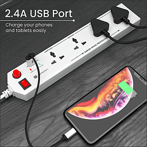 Portronics Power Plate 4 Surge Spike Guard With 4 Power Sockets + 1 USB Port Power Converter With Extension Cord 1.5 Meter, 1500 Watts Max, White, 1 pc