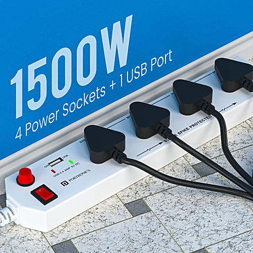 Portronics Power Plate 4 Surge Spike Guard With 4 Power Sockets + 1 USB Port Power Converter With Extension Cord 1.5 Meter, 1500 Watts Max, White, 1 pc