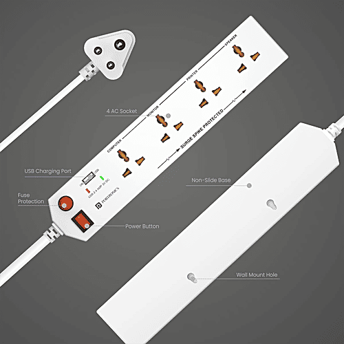 Portronics Power Plate 4 Surge Spike Guard With 4 Power Sockets + 1 USB Port Power Converter With Extension Cord 1.5 Meter, 1500 Watts Max, White, 1 pc