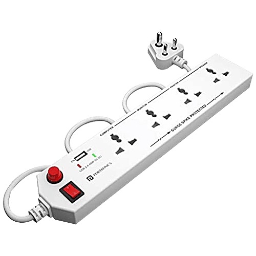 Portronics Power Plate 4 Surge Spike Guard With 4 Power Sockets + 1 USB Port Power Converter With Extension Cord 1.5 Meter, 1500 Watts Max, White, 1 pc
