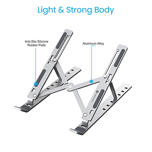Portronics My Buddy K, A Foldable Height Adjustable Aluminium Alloy Frame Laptop Stand With Anti-Slip Pads, Ergonomic, Overheating Protection For Laptops & MacBooks, Silver, 1 pc  