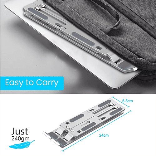 Portronics My Buddy K, A Foldable Height Adjustable Aluminium Alloy Frame Laptop Stand With Anti-Slip Pads, Ergonomic, Overheating Protection For Laptops & MacBooks, Silver, 1 pc  