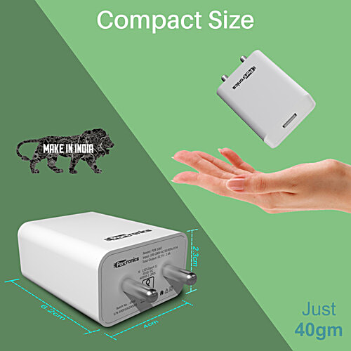 Portronics Portronics Adapto 62 POR-1062 USB Wall Adapter With 2.4A Fast Charging Single USB Port Without Cable For iOS & Android Devices - White, 1 pc  