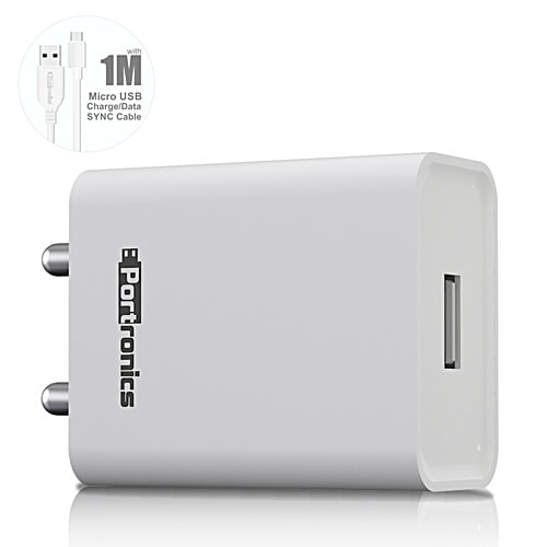 Portronics Portronics Adapto 62 POR-1062 USB Wall Adapter With 2.4A Fast Charging Single USB Port Without Cable For iOS & Android Devices - White, 1 pc  
