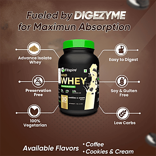 Fitspire Gold Advanced Isolate Whey - Cookie & Cream Flavour, Easy To Digest, 1 kg  