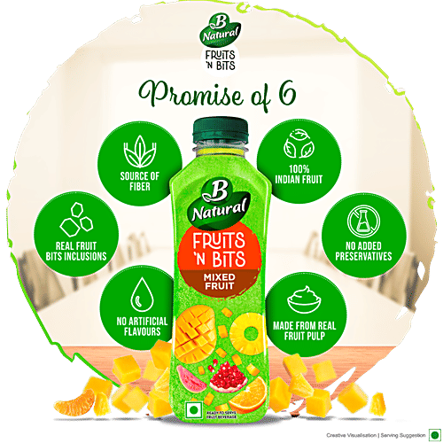 B Natural Fruits N Bits Mixed Fruit Juice - Infused With Real Fruit Bits, Indian Fruit, 300 ml  
