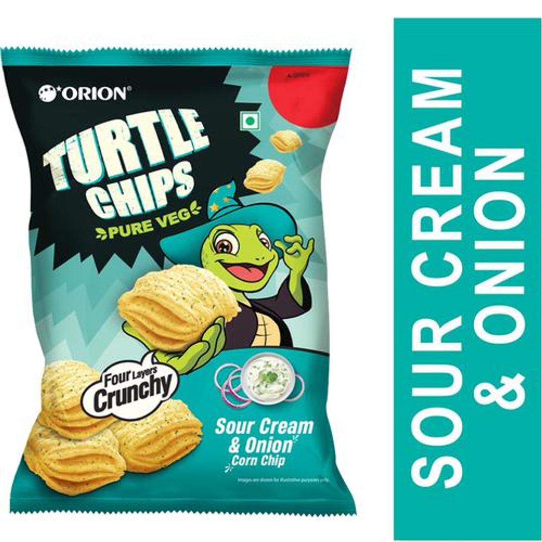 Orion Turtle Chips Sour Cream & Onion Corn Chip - 100% Veg Party Snack, Four Layer Crunchy, 115 g 