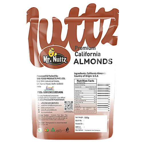 Mr.Nuttz Premium California Almonds - Rich In Fibre, Gluten Free, No Cholesterol, 500 g Pouch 