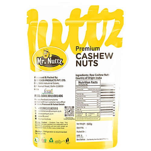 Mr.Nuttz Premium Cashews Nuts - Rich In Fibre, Gluten Free, No Cholesterol, 500 g Pouch 