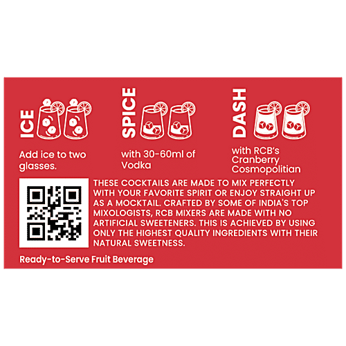 Dash of RCB Cranberry Cosmopolitan Cocktail Mixer - Non-Alcoholic Fruit Beverage, 250 ml Bottle 