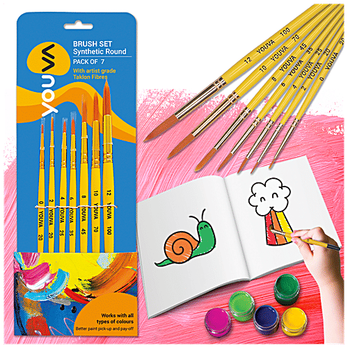 Navneet Youva Synthetic Round Brush Set - For Students & Artists, Brush No. 0, 2, 4, 6, 8, 10 & 12, 7 pcs  