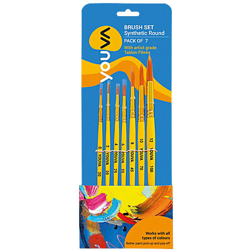 Navneet Youva Synthetic Round Brush Set - For Students & Artists, Brush No. 0, 2, 4, 6, 8, 10 & 12, 7 pcs  