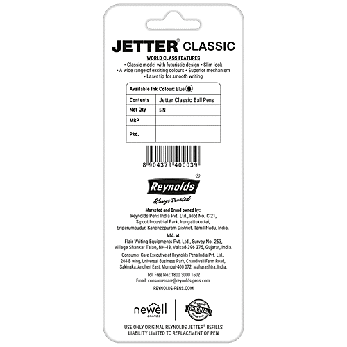Reynolds Jetter Classic Ball Pen Set - Blue, For Professionals, 5 pcs Blister Pack 