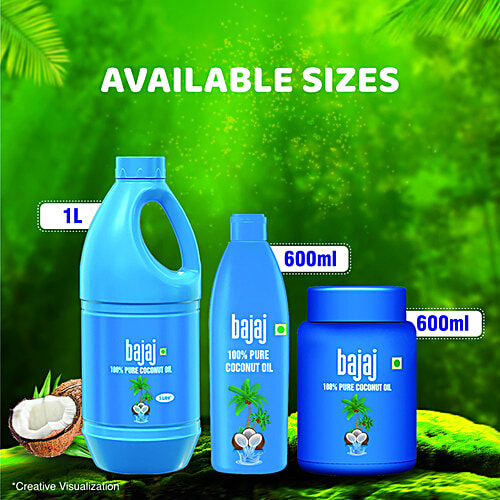 Bajaj 100% Pure Coconut Oil, 1 L  Edible Grade Coconut Oil, For Hair Care & Beauty, Cooking