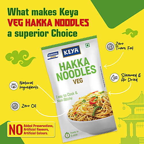 Keya Hakka Noodle Veg - Refined Wheat Flour, Easy To Cook & Non Sticky, Veg, 150 g Pouch 
