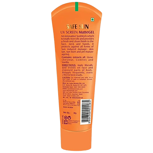 Lotus Herbals Safe Sun UV Screen Matte Gel - SPF 50, PA+++, Ultra Soothing, Oil-Control, Normal To Oily Skin, 30 g  