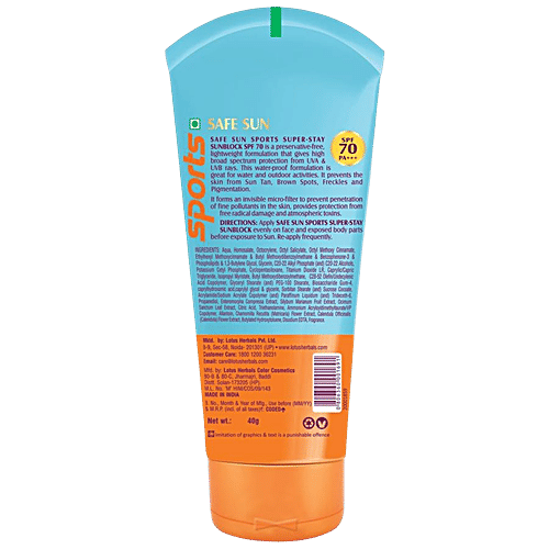 Lotus Herbals Safe Sun Sports Super-Stay Sunscreen - SPF 70, PA+++, Anti-Pollution, Preservative Free, 40 g  