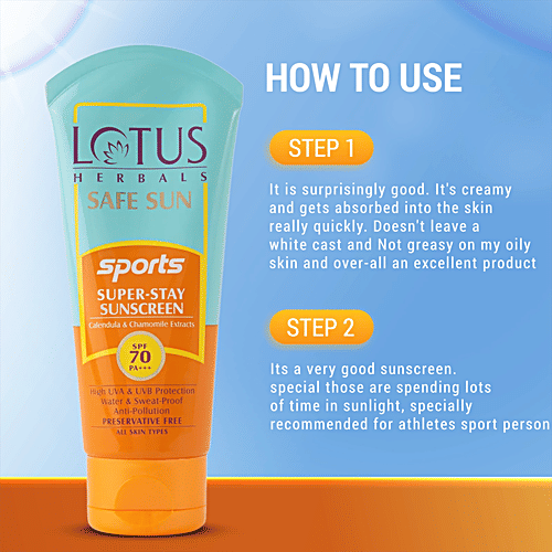 Lotus Herbals Safe Sun Sports Super-Stay Sunscreen - SPF 70, PA+++, Anti-Pollution, Preservative Free, 40 g  
