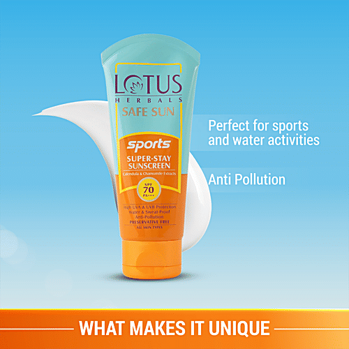 Lotus Herbals Safe Sun Sports Super-Stay Sunscreen - SPF 70, PA+++, Anti-Pollution, Preservative Free, 40 g  