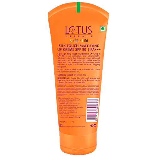 Lotus Herbals Safe Sun Silk Touch Mattifying UV Creme - SPF 50, PA+++, Anti-Pollution, Preservative Free, 75 g  