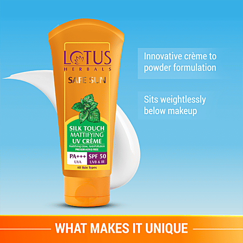 Lotus Herbals Safe Sun Silk Touch Mattifying UV Creme - SPF 50, PA+++, Anti-Pollution, Preservative Free, 75 g  