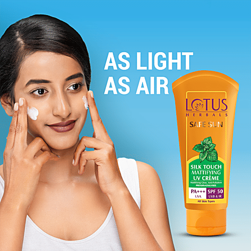 Lotus Herbals Safe Sun Silk Touch Mattifying UV Creme - SPF 50, PA+++, Anti-Pollution, Preservative Free, 75 g  