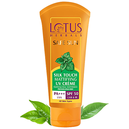 Lotus Herbals Safe Sun Silk Touch Mattifying UV Creme - SPF 50, PA+++, Anti-Pollution, Preservative Free, 75 g  